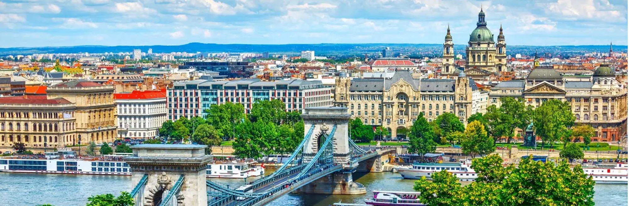 Budapest across the Danube: the Chain Bridge, riverside buildings and the dome of St Stephen’s Basilica