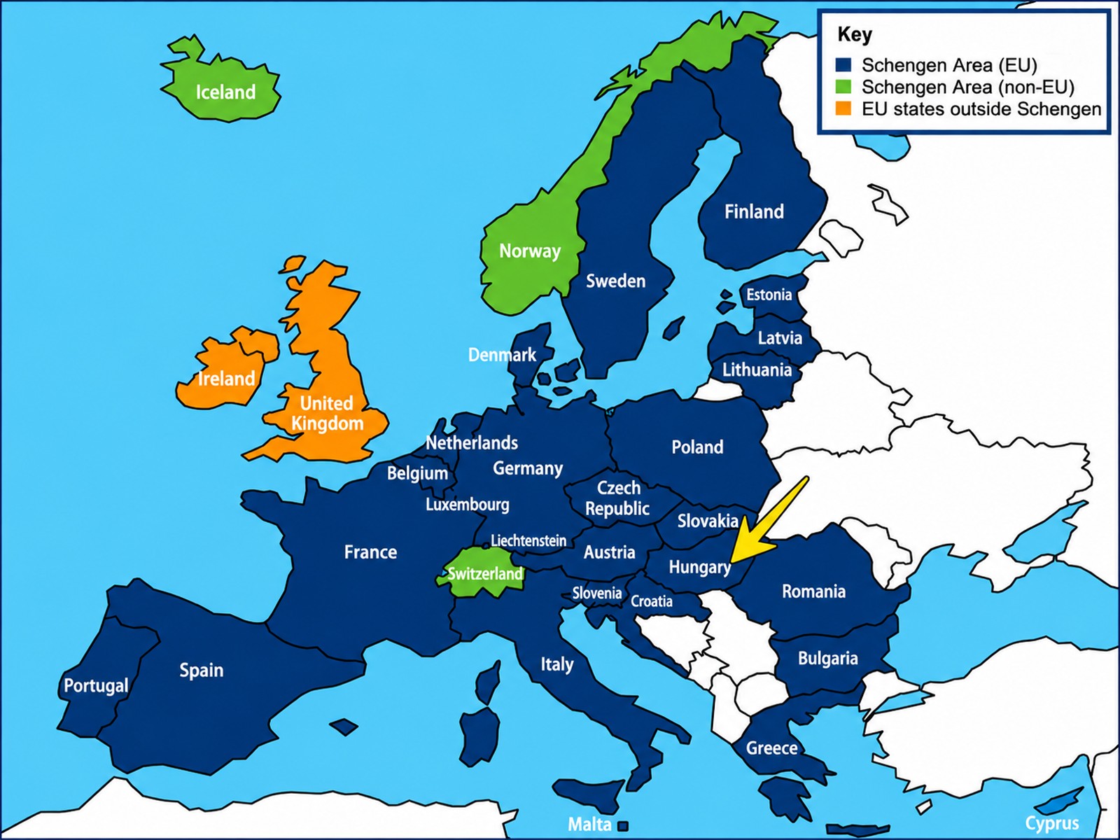 Map of the Schengen Area with Hungary arrowed, keyed as Schengen Area (EU), Schengen Area (non-EU), and EU states outside Schengen